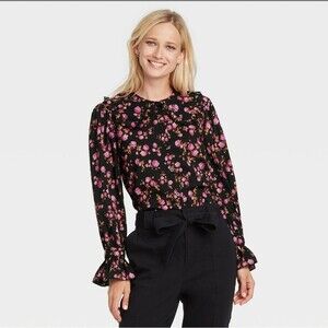 WHO WHAT WEAR Peter Pan Statement Collar Blouse w Ruffled Sleeves Sz L